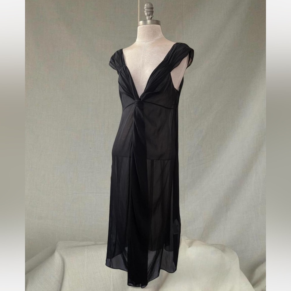 Rare vintage DKNY black silk ruffle midi v neck cocktail dress 90s 2000s y2k